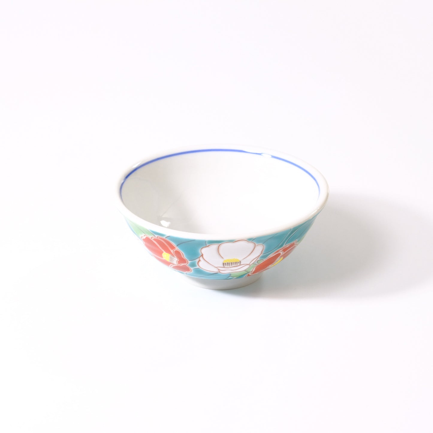 Kutani ware rice bowl, seasonal flower, camellia