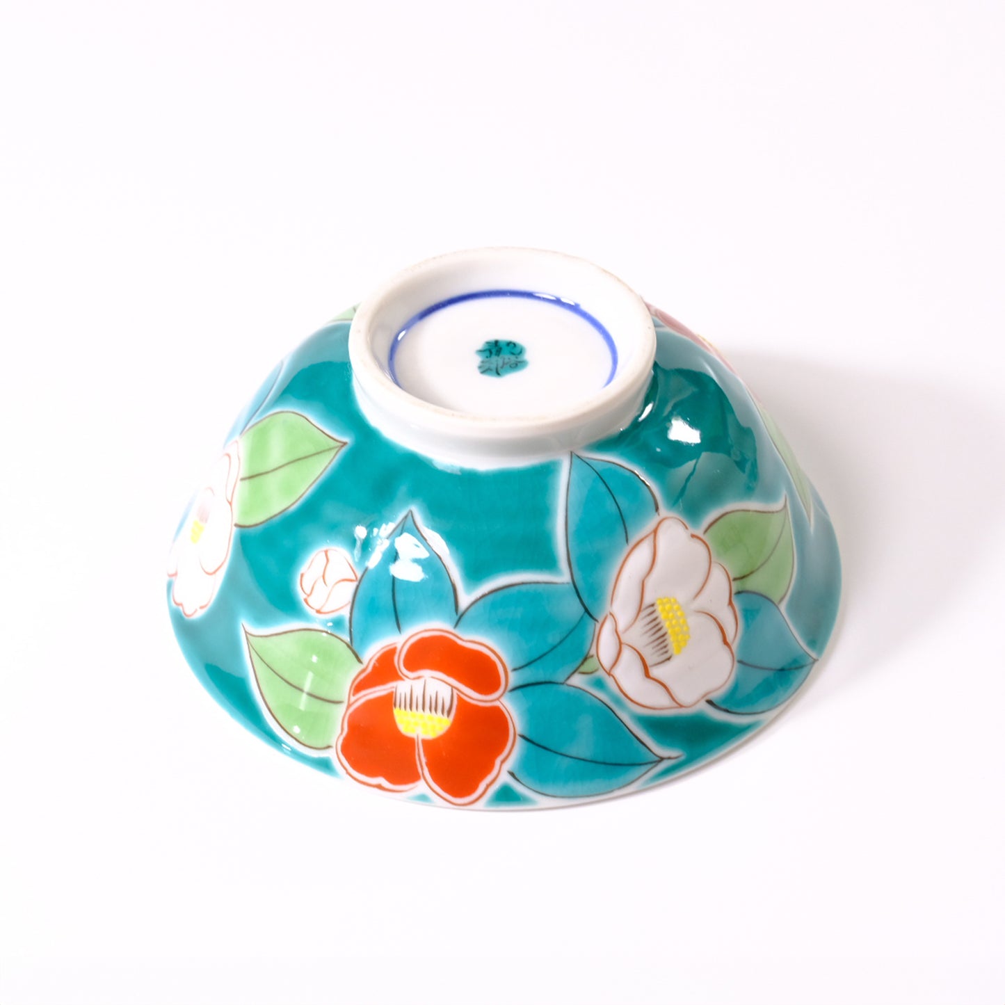 Kutani ware rice bowl, seasonal flower, camellia