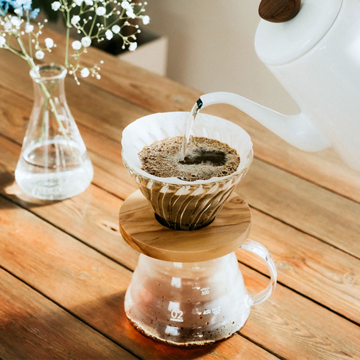 V60 Heat-resistant glass dripper, olive wood 1-2