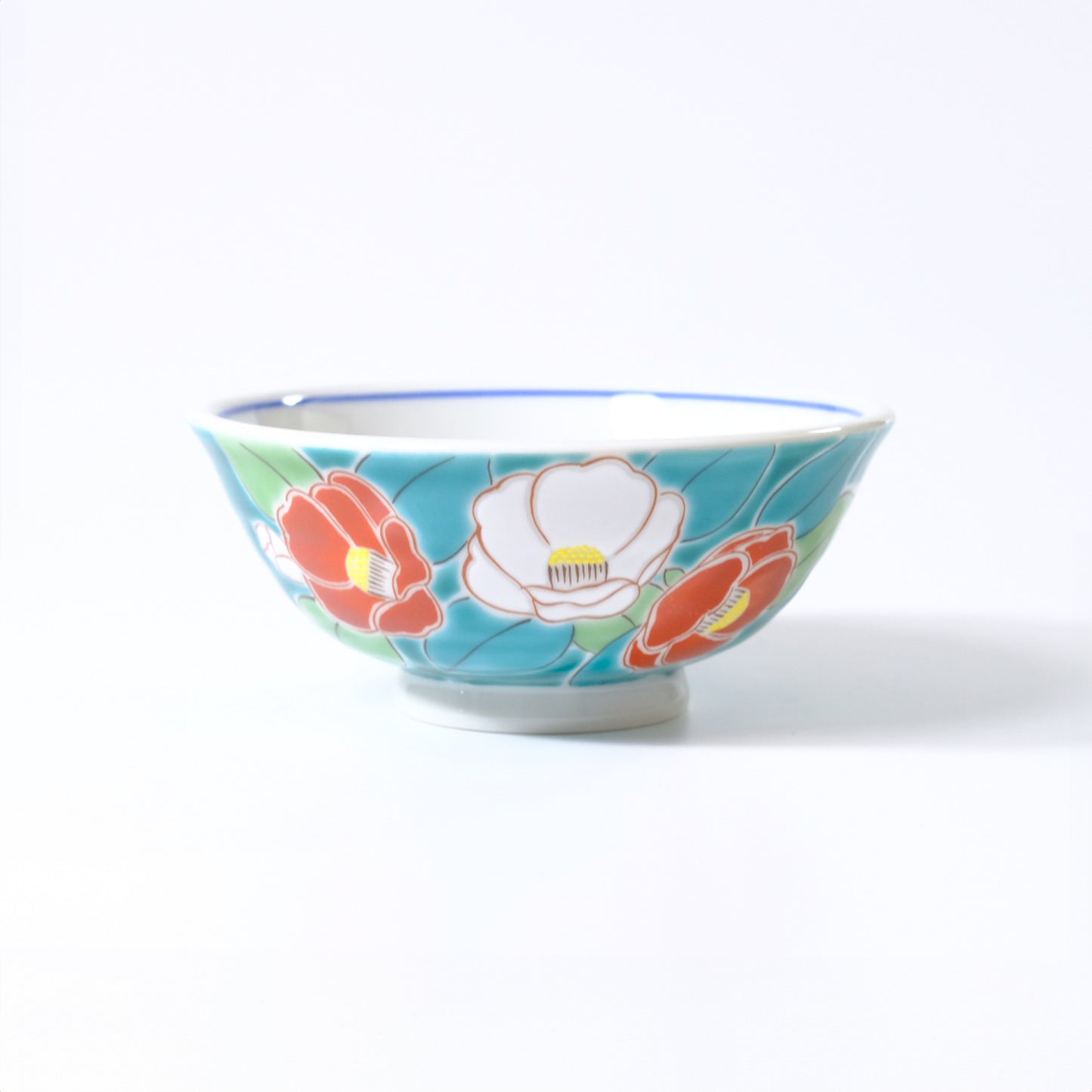 Kutani ware rice bowl, seasonal flower, camellia