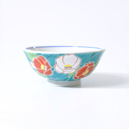 Kutani ware rice bowl, seasonal flower, camellia