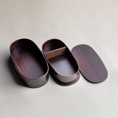 Cedar, nested oval two-tier lunch box, wiped lacquer
