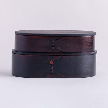 Cedar, nested oval two-tier lunch box, wiped lacquer