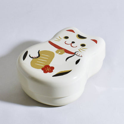 Maruko two-tiered bento box with white beckoning cat