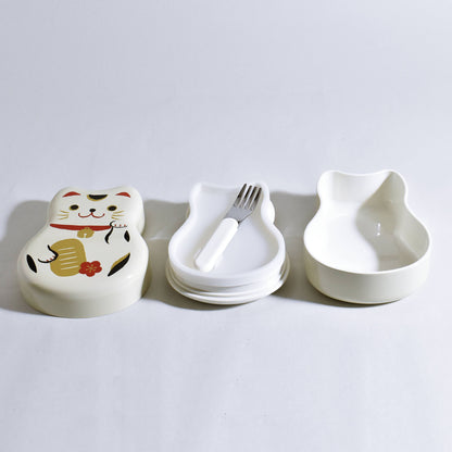 Maruko two-tiered bento box with white beckoning cat