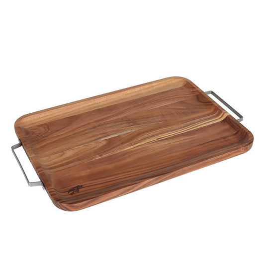 ACACIA TRAY WITH METAL HANDLE REC L